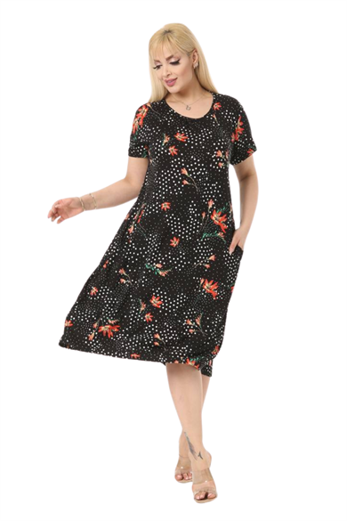 Melsay Butik Turuncu Zambak Desen Kuplu Cepli Kısa Kol Kadın Midi Elbise