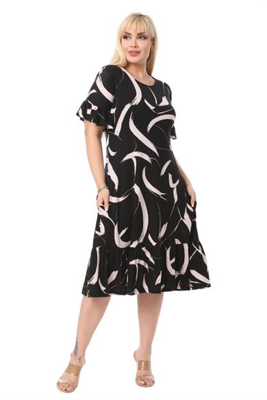 Melsay Butik Tüy Desen Cepli Fırfırlı Kısa Kol Kadın Midi Elbise