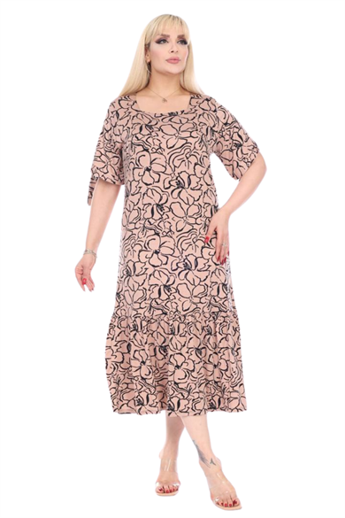 Melsay Butik Vizon Çiçek Desen Kolları Bağlamalı Kısa Kollu Kadın Midi Elbise