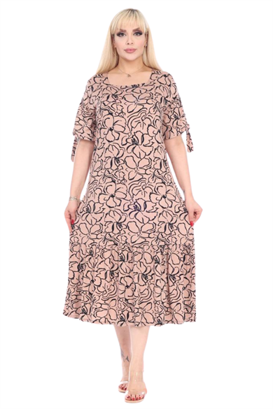 Melsay Butik Vizon Çiçek Desen Kolları Bağlamalı Kısa Kollu Kadın Midi Elbise