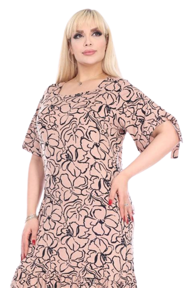 Melsay Butik Vizon Çiçek Desen Kolları Bağlamalı Kısa Kollu Kadın Midi Elbise