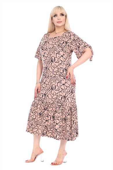 Melsay Butik Vizon Çiçek Desen Kolları Bağlamalı Kısa Kollu Kadın Midi Elbise