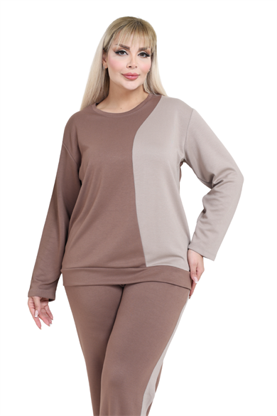 Melsay Butik Vizon Ekru Renk Bloklu Modal Kadın Eşofman Takımı