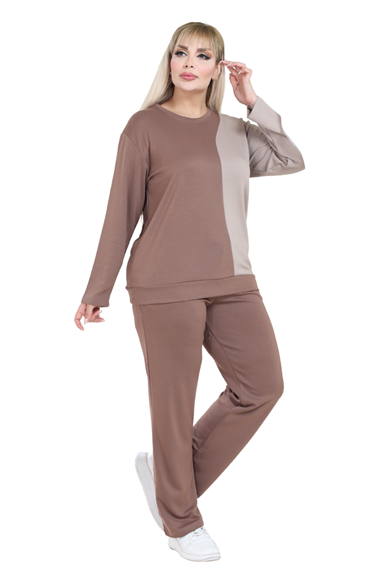 Melsay Butik Vizon Ekru Renk Bloklu Modal Kadın Eşofman Takımı