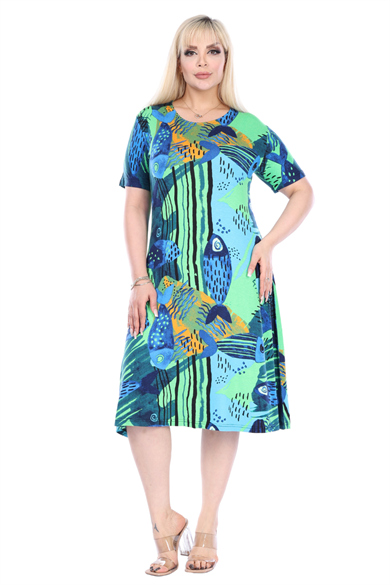 Melsay Butik Yeşil Balık Desen Kısa Kollu Büyük Beden Midi Elbise