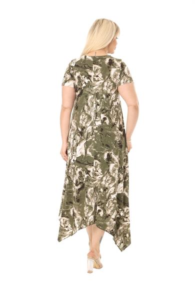 Melsay Butik Yeşil Batik Desen Asimetrik Kısa Kollu Uzun Elbise