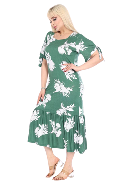 Melsay Butik Yeşil Beyaz Yaprak Desen Kolları Bağlamalı Kısa Kollu Elbise