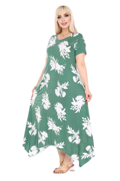 Melsay Butik Yeşil Beyaz Yaprak Desen Asimetrik Kısa Kollu Elbise