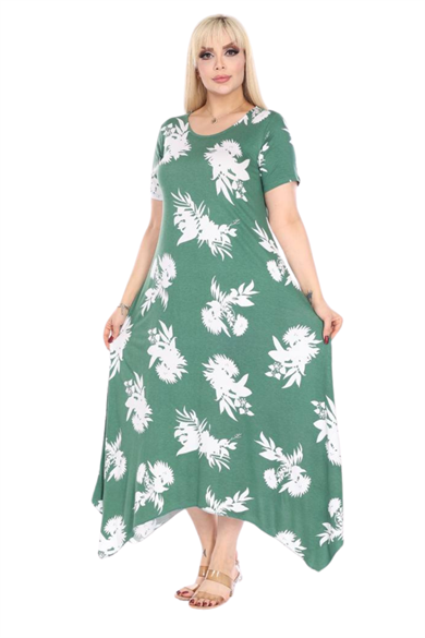 Melsay Butik Yeşil Beyaz Yaprak Desen Asimetrik Kısa Kollu Elbise