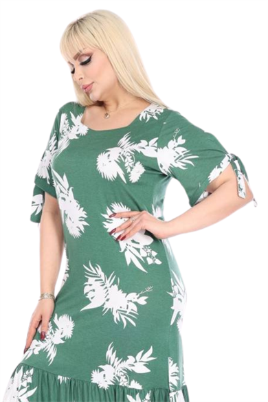 Melsay Butik Yeşil Beyaz Yaprak Desen Kolları Bağlamalı Kısa Kollu Elbise