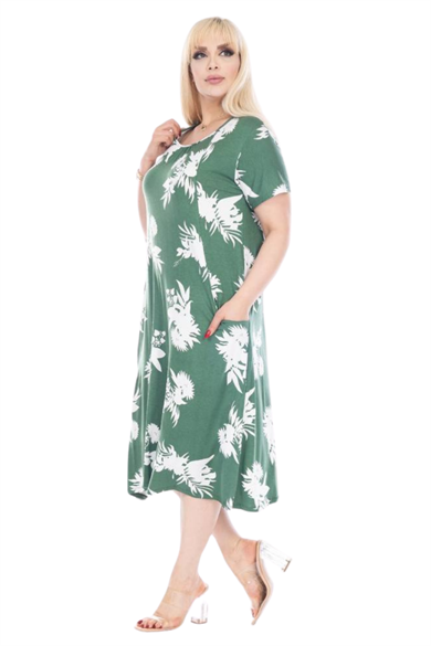 Melsay Butik Yeşil Beyaz Yaprak Desen Kuplu Cepli Kısa Kol Kadın Midi Elbise