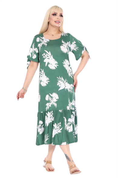 Melsay Butik Yeşil Beyaz Yaprak Desen Kolları Bağlamalı Kısa Kollu Elbise