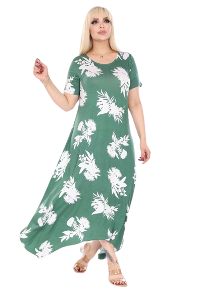 Melsay Butik Yeşil Beyaz Yaprak Desen Asimetrik Kısa Kollu Elbise