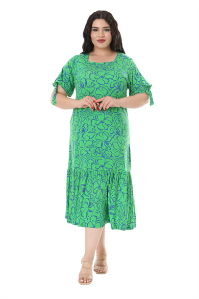 Melsay Butik Yeşil Çiçek Desen Kolları Bağlamalı Kısa Kollu Kadın Midi Elbise