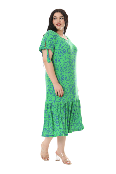 Melsay Butik Yeşil Çiçek Desen Kolları Bağlamalı Kısa Kollu Kadın Midi Elbise