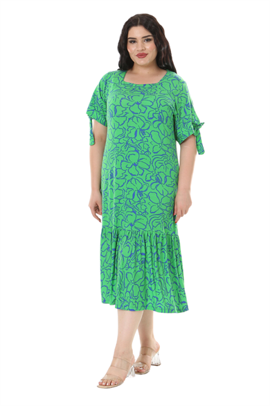 Melsay Butik Yeşil Çiçek Desen Kolları Bağlamalı Kısa Kollu Kadın Midi Elbise
