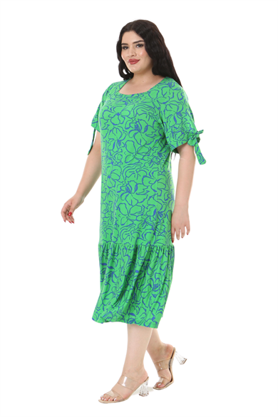 Melsay Butik Yeşil Çiçek Desen Kolları Bağlamalı Kısa Kollu Kadın Midi Elbise