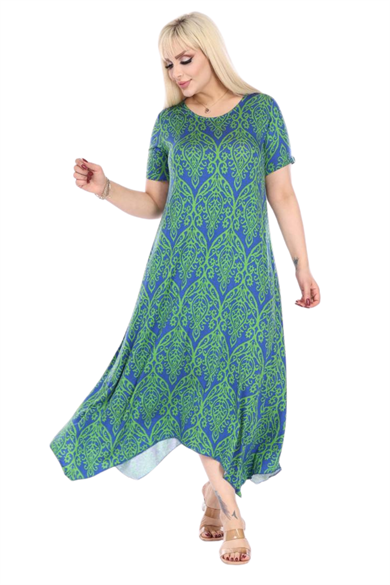 Melsay Butik Yeşil Dantel Desen Asimetrik Kısa Kollu Elbise