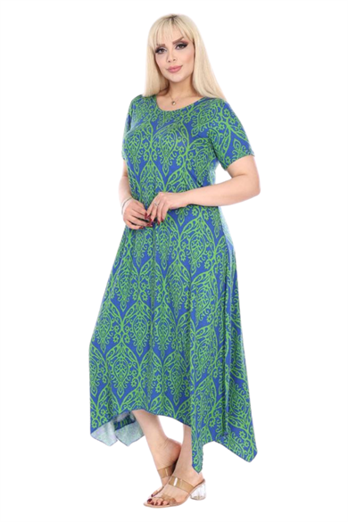 Melsay Butik Yeşil Dantel Desen Asimetrik Kısa Kollu Elbise