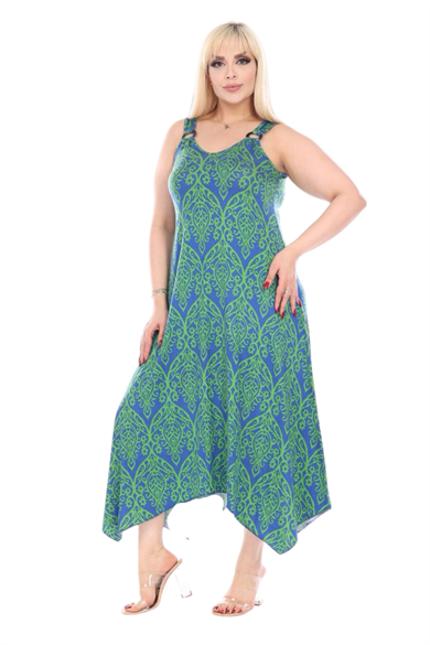 Melsay Butik Yeşil Dantel Desen Askılı V Yaka Elbise