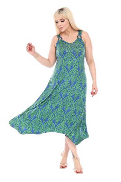 Melsay Butik Yeşil Dantel Desen Askılı V Yaka Elbise