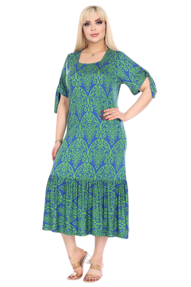 Melsay Butik Yeşil Dantel Desen Kolları Bağlamalı Kısa Kollu Kadın Midi Elbise