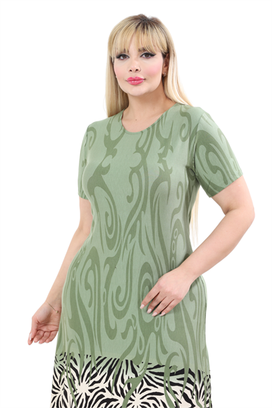 Melsay Butik Yeşil Kısa Kollu Eteği Çizgili Desen A Kesim Büyük Beden Elbise