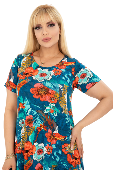 Melsay Butik Yeşil Papağan Desen Asimetrik Kısa Kollu Elbise