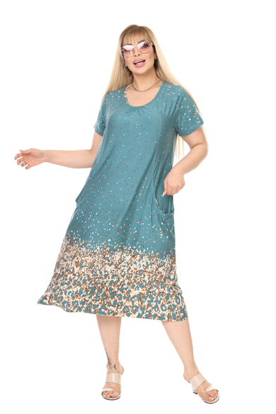 Melsay Butik Yeşil Puanlı Eteği Leopar Desen Kuplu Cepli Kısa Kol Kadın Midi Elbise