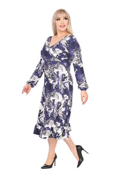 Melsay Butik Yumoş Kumaş Kruvaze Yaka Mavi Batik Desen Eteği Fırfırlı Midi Elbise