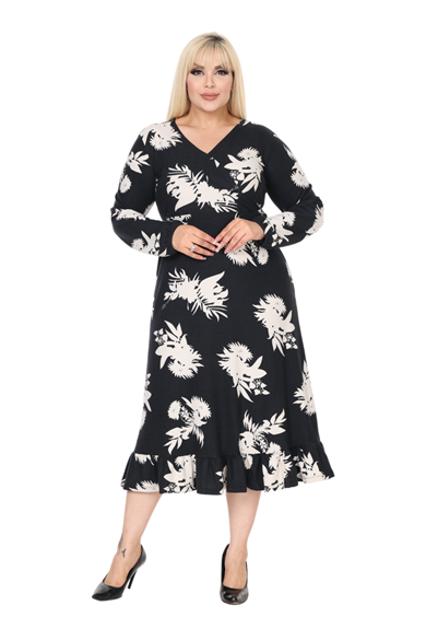 Melsay Butik Yumoş Kumaş Kruvaze Yaka Siyah Beyaz Yaprak Desen Eteği Fırfırlı Midi Elbise