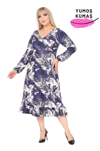Melsay Butik Yumoş Kumaş Kruvaze Yaka Mavi Batik Desen Eteği Fırfırlı Midi Elbise