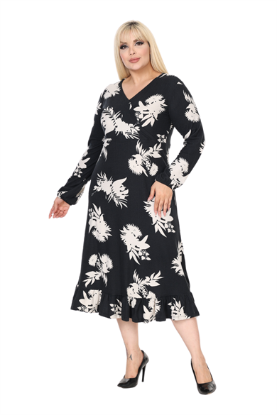 Melsay Butik Yumoş Kumaş Kruvaze Yaka Siyah Beyaz Yaprak Desen Eteği Fırfırlı Midi Elbise