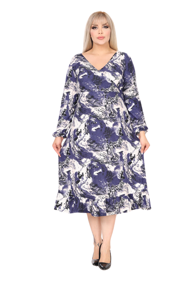 Melsay Butik Yumoş Kumaş Kruvaze Yaka Mavi Batik Desen Eteği Fırfırlı Midi Elbise
