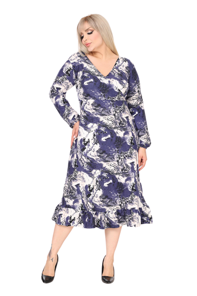 Melsay Butik Yumoş Kumaş Kruvaze Yaka Mavi Batik Desen Eteği Fırfırlı Midi Elbise