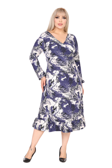 Melsay Butik Yumoş Kumaş Kruvaze Yaka Mavi Batik Desen Eteği Fırfırlı Midi Elbise