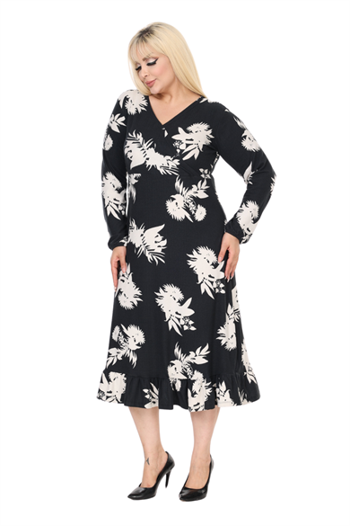 Melsay Butik Yumoş Kumaş Kruvaze Yaka Siyah Beyaz Yaprak Desen Eteği Fırfırlı Midi Elbise