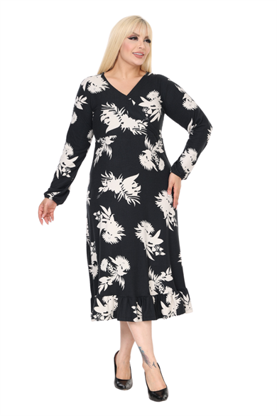 Melsay Butik Yumoş Kumaş Kruvaze Yaka Siyah Beyaz Yaprak Desen Eteği Fırfırlı Midi Elbise