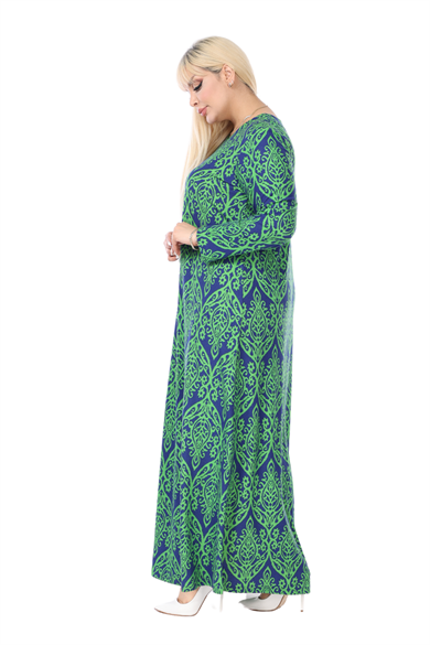 Melsay Butik Yumoş Kumaş Yeşil Dantel Desen Uzun Kollu Kadın Tesettür Elbise