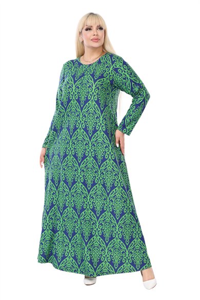 Melsay Butik Yumoş Kumaş Yeşil Dantel Desen Uzun Kollu Kadın Tesettür Elbise