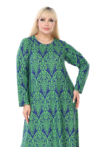 Melsay Butik Yumoş Kumaş Yeşil Dantel Desen Uzun Kollu Kadın Tesettür Elbise