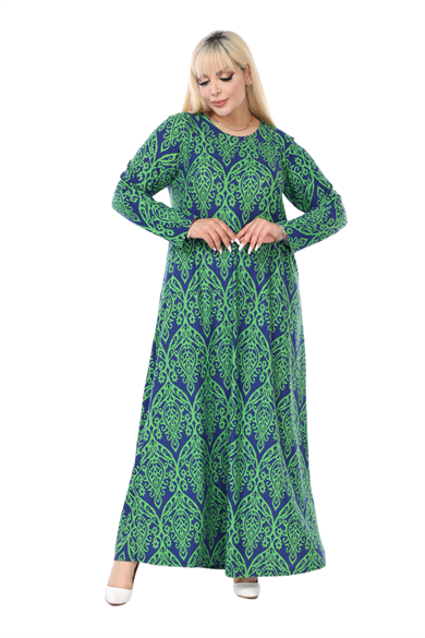 Melsay Butik Yumoş Kumaş Yeşil Dantel Desen Uzun Kollu Kadın Tesettür Elbise