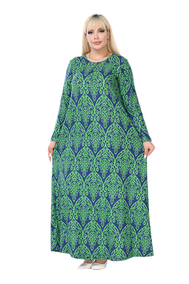 Melsay Butik Yumoş Kumaş Yeşil Dantel Desen Uzun Kollu Kadın Tesettür Elbise