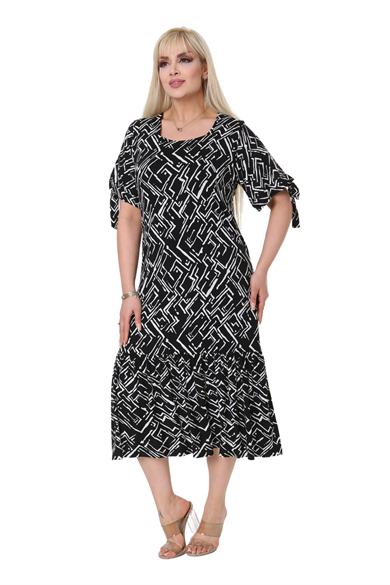 Melsay Butik Zigzag Çizgili Bağlamalı Kısa Kollu Kadın Midi Elbise