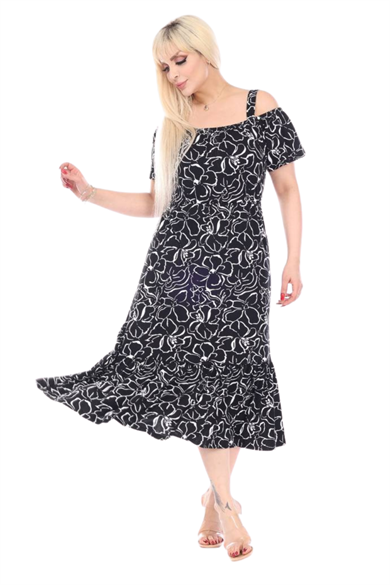 Melsay Siyah Çiçek Desen Madonna Yaka Askılı Midi Elbise