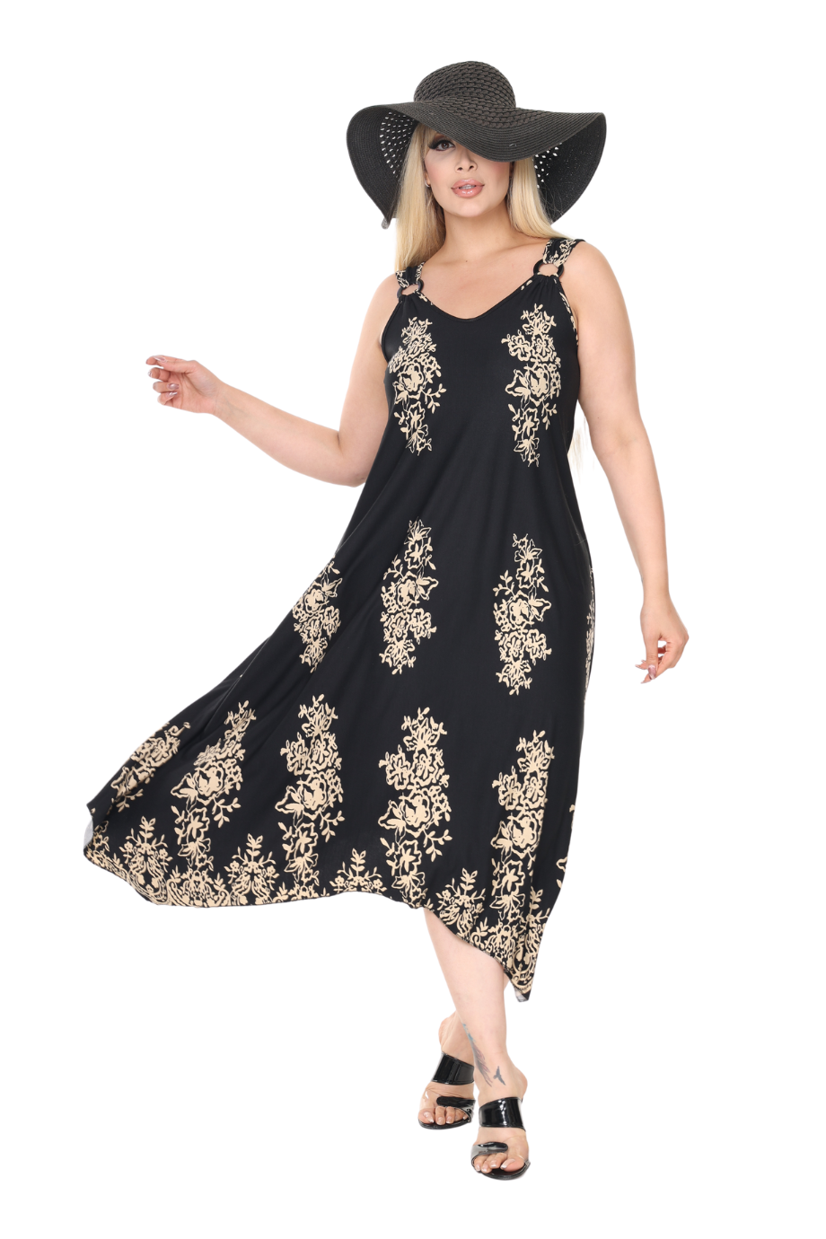 Melsay Butik Askılı V Yaka Siyah Pano Desen Elbise