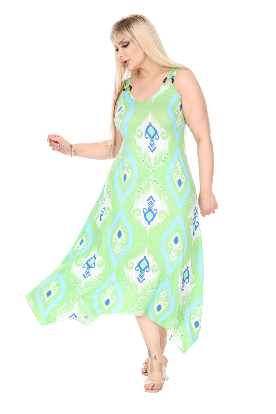 Melsay Butik Askılı V Yaka Toka Detaylı Yeşil Motif Desen Elbise
