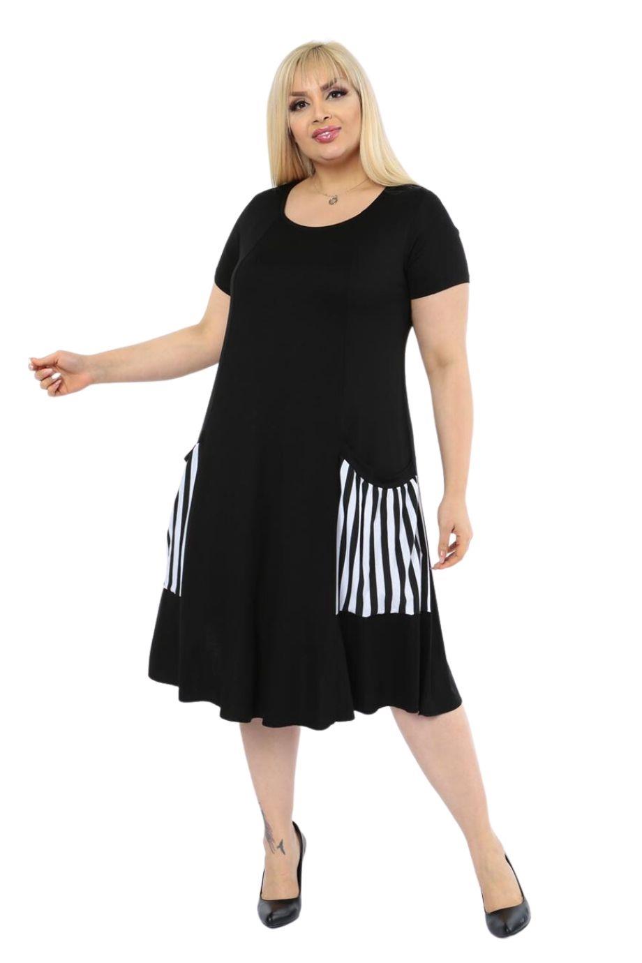 Melsay Butik Balon Cepli Çizgi Desen Kısa Kollu Midi Elbise