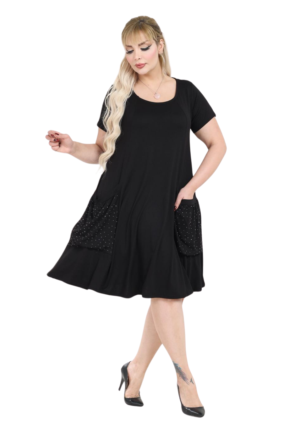 Melsay Butik Balon Cepli Taş Baskılı Kısa Kollu Midi Elbise