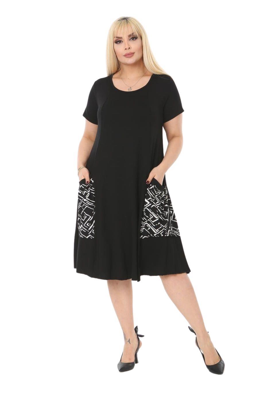 Melsay Butik Balon Cepli Zigzag Desen Kısa Kollu Midi Elbise